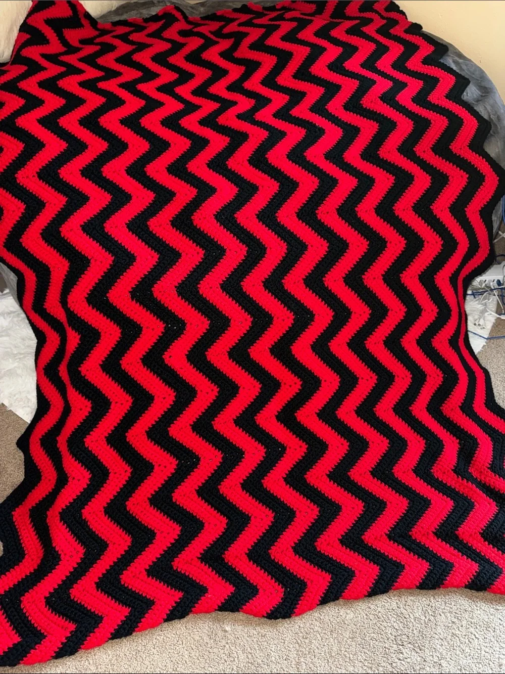 Hand Crafted Red and Black Chevron Crochet Throw Blanket
